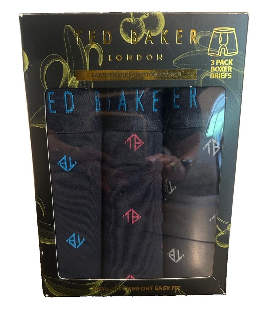 Ted Baker Mens Sz Medium 3-Pk TB Navy Logo Cotton Stretch Boxer Briefs Underwear